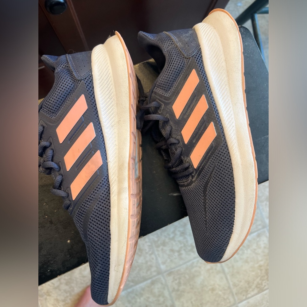 Adidas gym shoes, navy with peach, worn once - like new. Size women’s 11